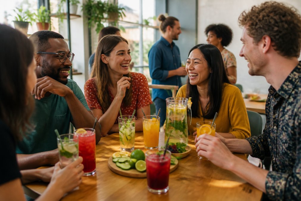 Diverse group of friends enjoying animated conversation and laughter at a bright daytime gathering, with colourful mocktails and alcohol free drinks displayed on a wooden table, creating a vibrant social atmosphere without alcohol
