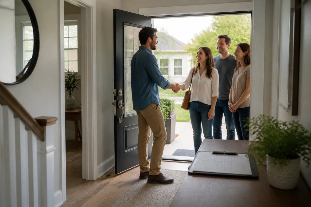 A homeowner greeting a small group of visitors at the front door of a well-lit home during an open house, with a sign-in clipboard visible on a table nearby