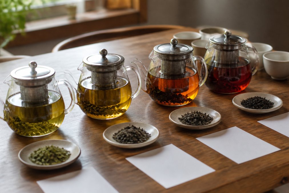 Close-up of four different tea infusers with steeped teas at various oxidation levels arranged on a wooden table with tasting notes cards and small cups nearby, natural window light illuminating the scene