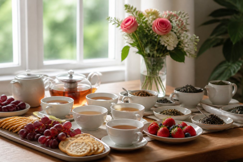 Elegantly arranged tea tasting station with multiple white teacups, small plates of crackers and fresh fruit, fresh flowers in a simple vase, and natural daylight streaming through a window onto a wooden table