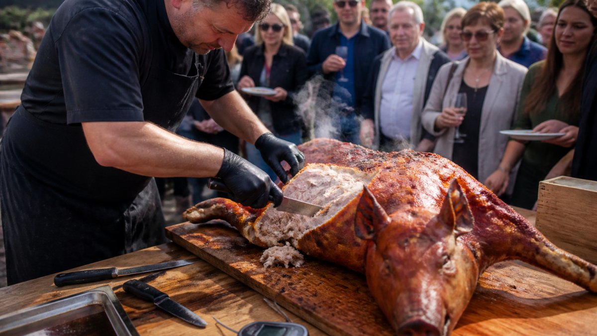 Professional butcher carving a steaming whole hog roast for guests at a rustic wooden station