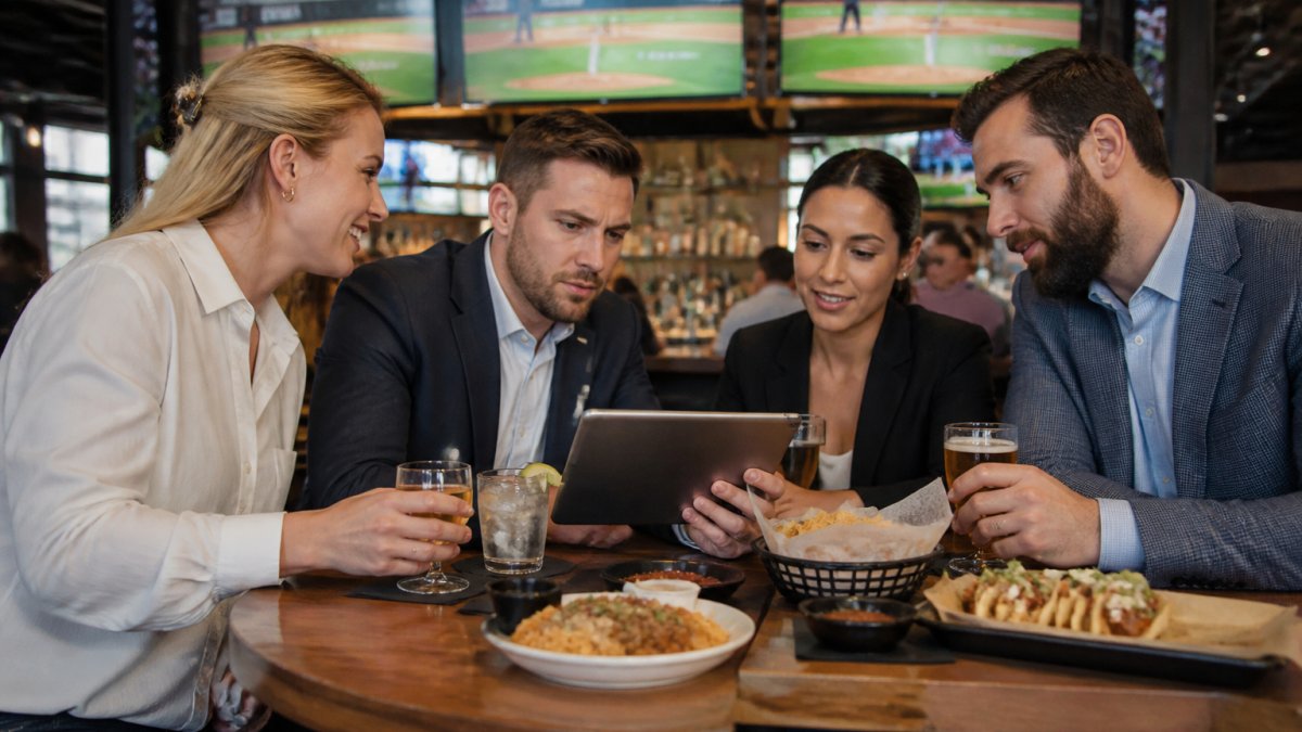 Process diagram for how to host corporate events at sports bars while colleagues review event plans on a tablet.