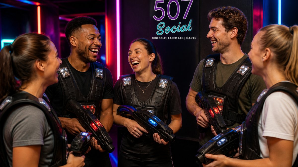 A group of coworkers in casual clothes laughing together while holding laser tag equipment in a neon-lit indoor arena