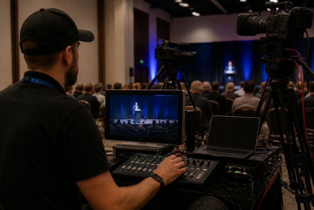 A broadcast technician adjusting a camera and audio mixer at a control desk during a corporate live stream, with monitors showing the presenter on stage in the background