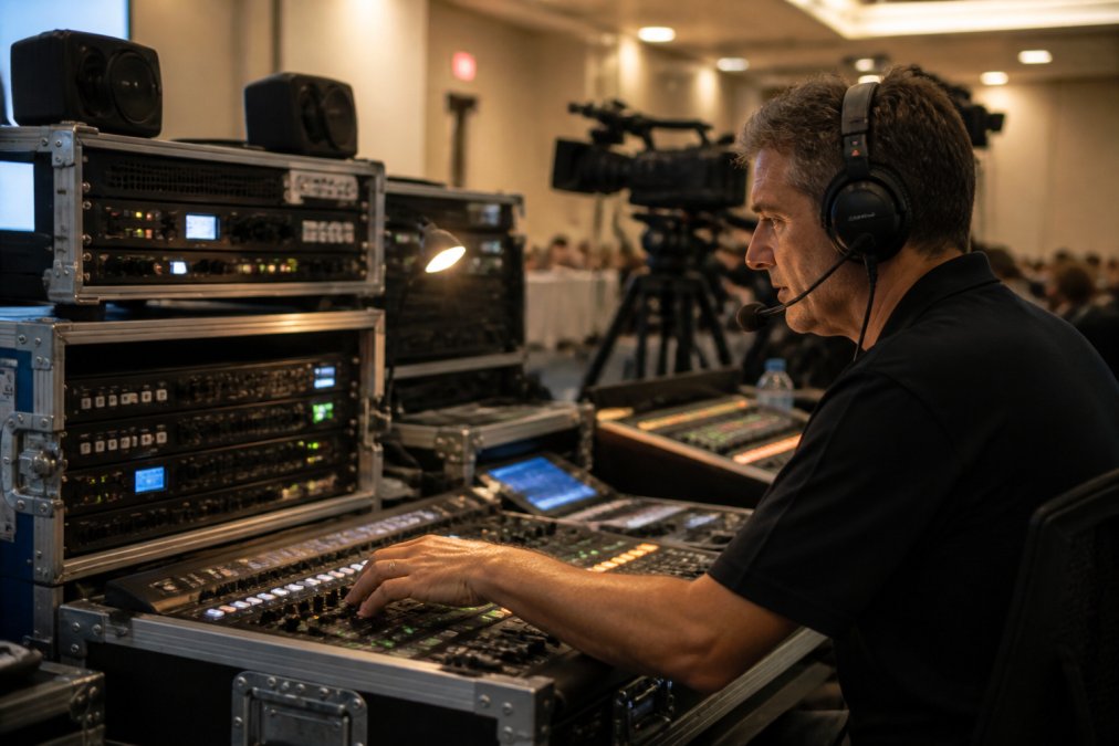 Professional broadcast technician monitoring multiple screens and audio-visual equipment in modern control room during live webcast, wearing headset at mixing console with real-time analytics displayed
