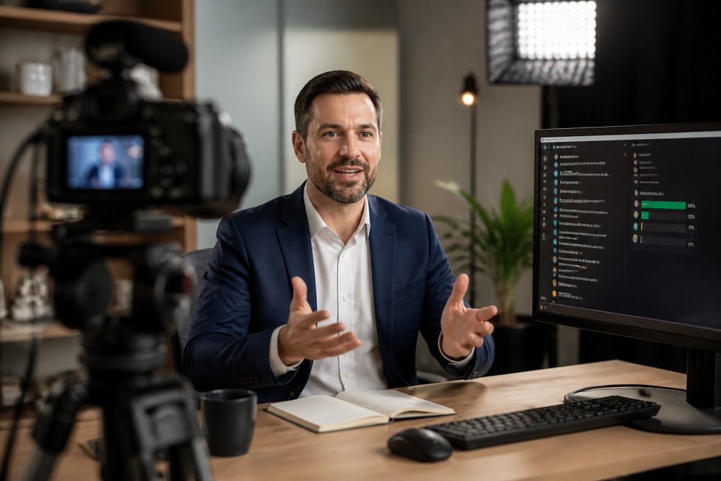 Corporate presenter delivering to camera in professional studio with soft key lighting, live chat and polling interface visible on adjacent monitor showing real-time engagement metrics