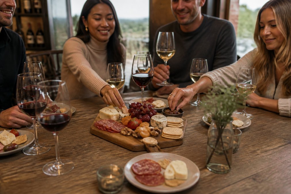 A rustic wooden table set with a charcuterie board, small plates of cheese and crackers, and several glasses of red and white wine, with guests reaching for food in a warmly lit dining room