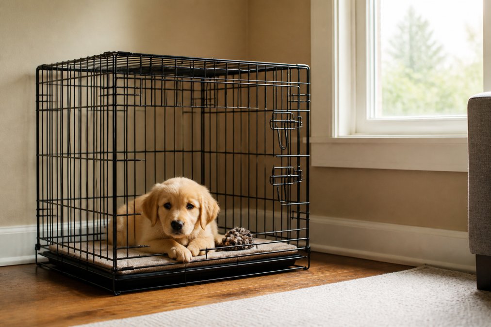 A calm puppy resting on a soft blanket inside a wire crate to help house train a puppy in a quiet home.