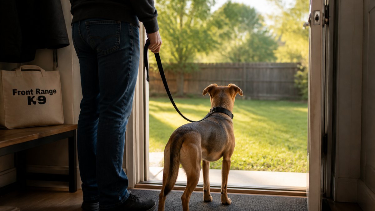 A rescue dog on a leash standing near a backyard door with its owner holding the leash and waiting calmly, morning light, grassy yard
