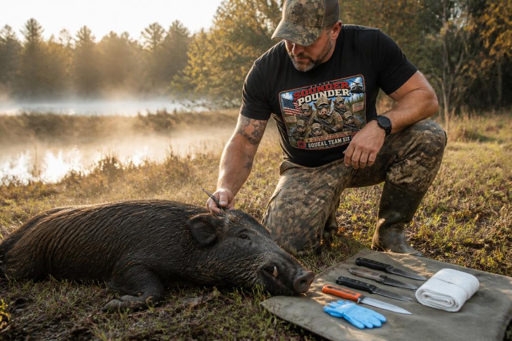 Hunter in camouflage field gear kneeling beside harvested feral swine, demonstrating proper field dressing setup with sharp knife and processing tools on clean cloth in morning light