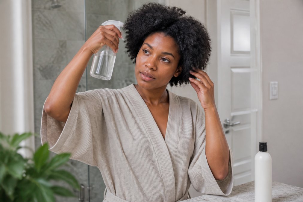 Woman spritzing water on her coily hair to hydrate 4b hair while holding a leave-in conditioner in a bright bathroom.