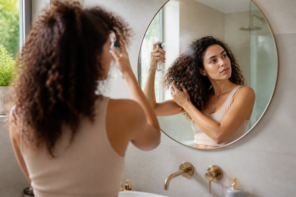 A woman with voluminous, defined curls spraying a fine mist of hydrating tonic onto her damp hair in a bright, modern bathroom, a mirror reflecting her focused expression