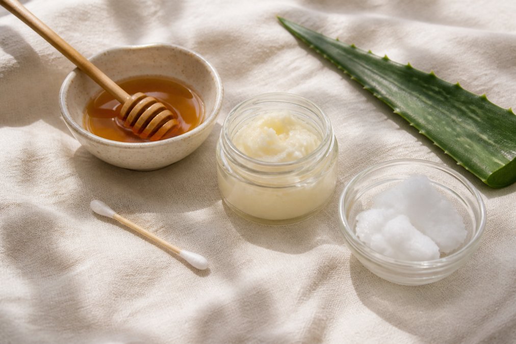 A flat-lay photo of natural lip care ingredients on soft neutral linen: a small ceramic bowl of golden honey, a jar of shea butter, a glass dish of coconut oil, a fresh aloe vera leaf, and a clean cotton swab, all in warm natural window light