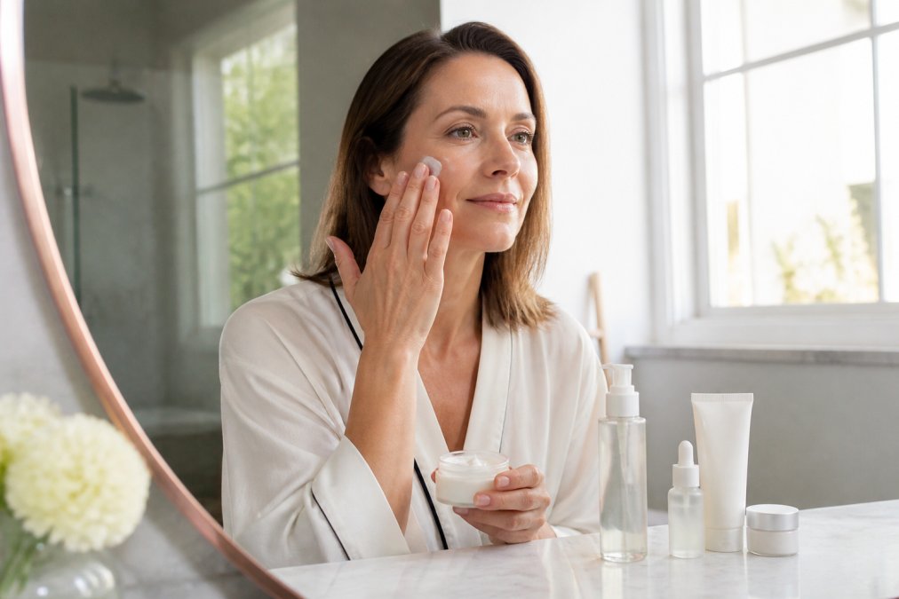 Woman in her 40s applying lightweight moisturizer to hydrate dry skin at a bright bathroom vanity