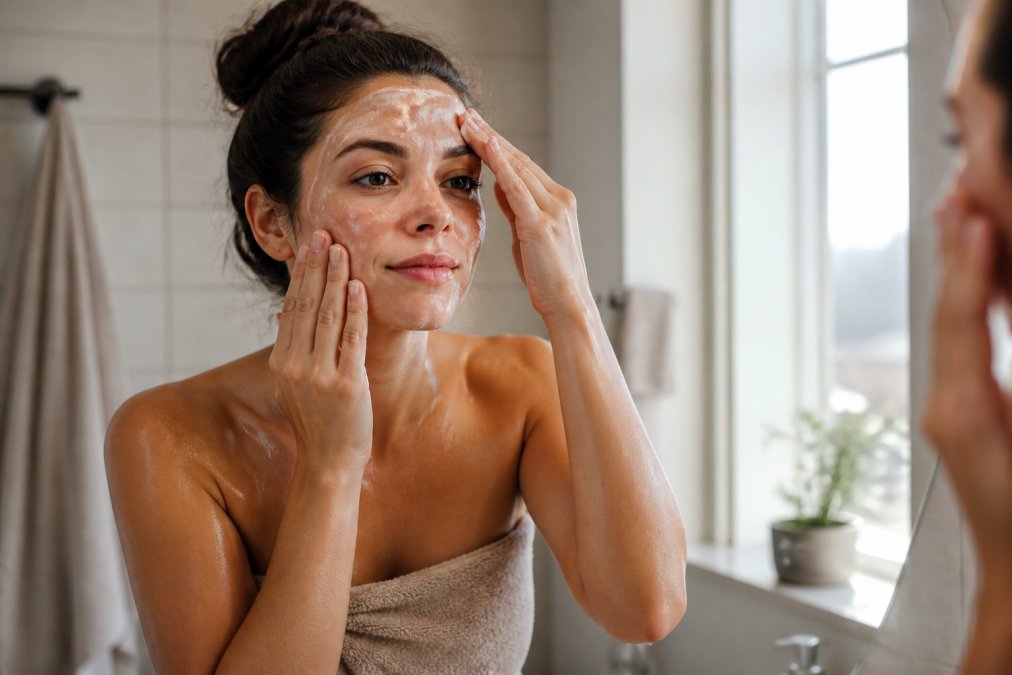 Person applying facial cleanser to damp skin in a bathroom with soft morning lighting, showing gentle massage technique on the cheek and forehead area
