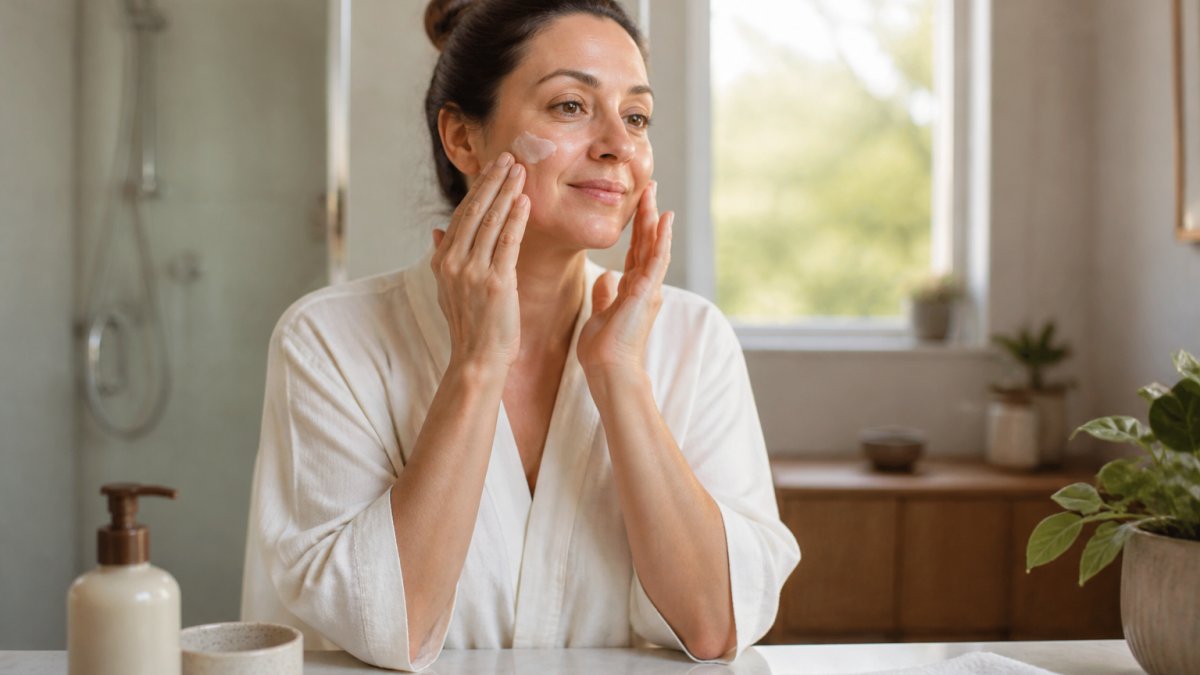A woman in her forties with dry skin applying moisturizer to her face at a bathroom sink in soft morning light, with a simple skincare bottle and towel nearby
