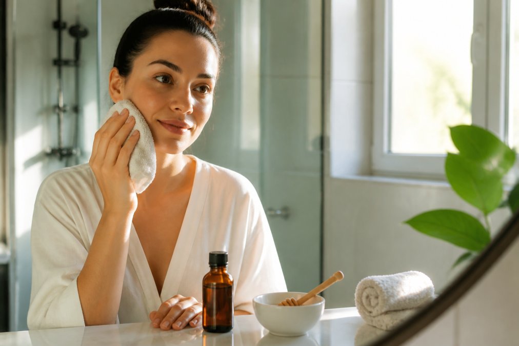A person gently pressing a damp, soft cloth against their cheek in a bright bathroom, with a small amber bottle of oil and a white ceramic bowl of honey on the counter, soft morning light through the window
