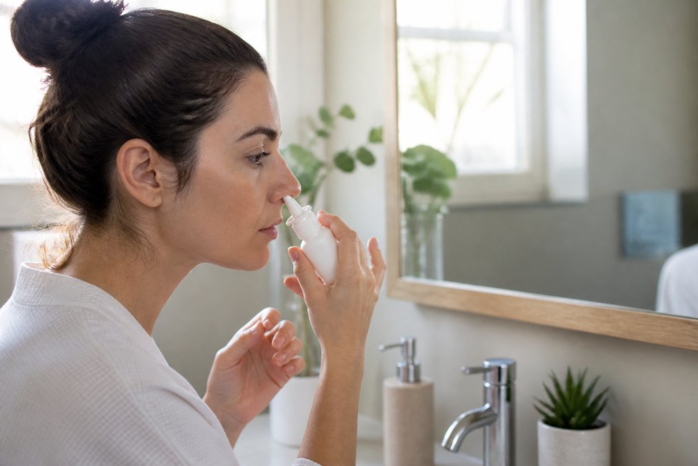 Step-by-step diagram showing the proper technique to use a saline nasal spray for daily sinus relief