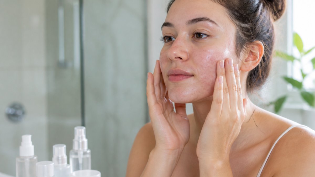 Person with sensitive, acne-prone skin gently patting hydrating toner onto their face in a bright bathroom