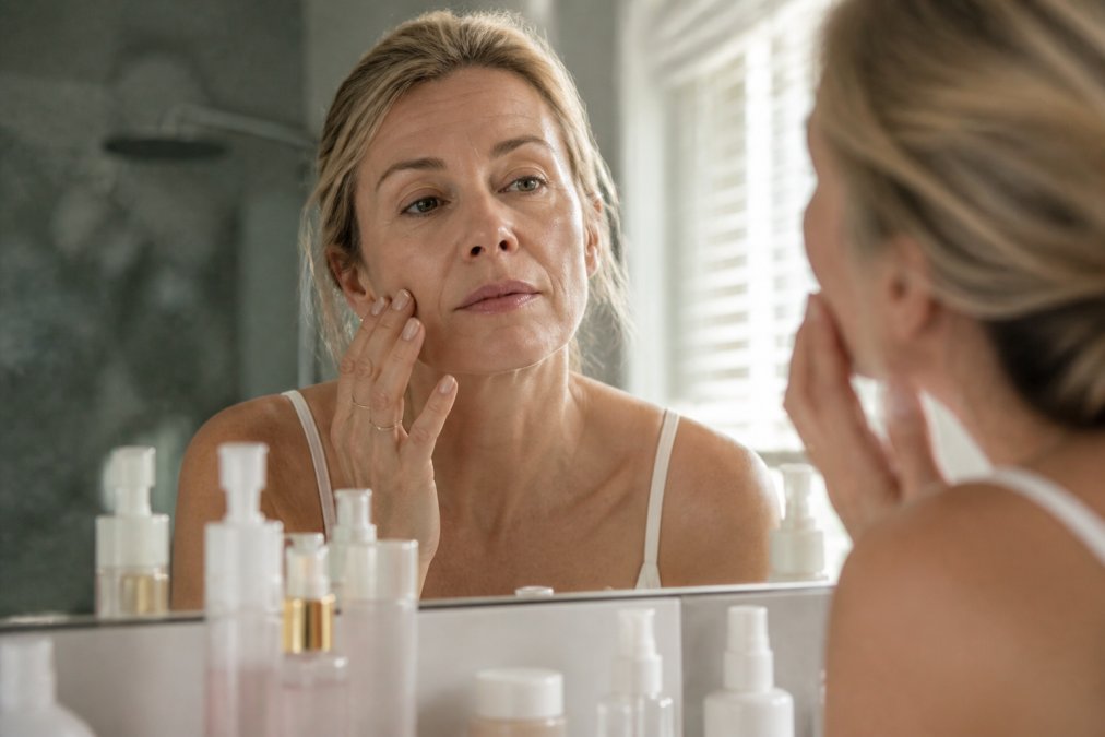 Woman in her 40s checking fine lines in a mirror to hydrate skin fast