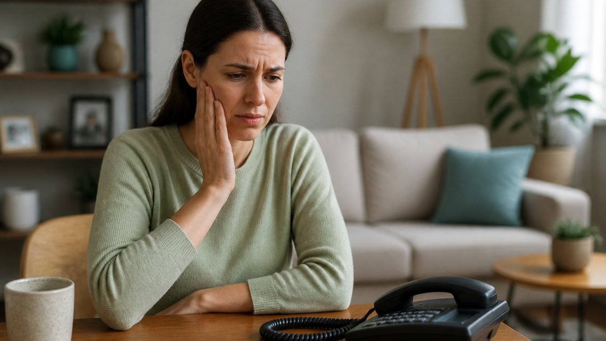 Person holding their jaw in pain while sitting by a phone to call a dentist to learn how to identify a dental abscess.