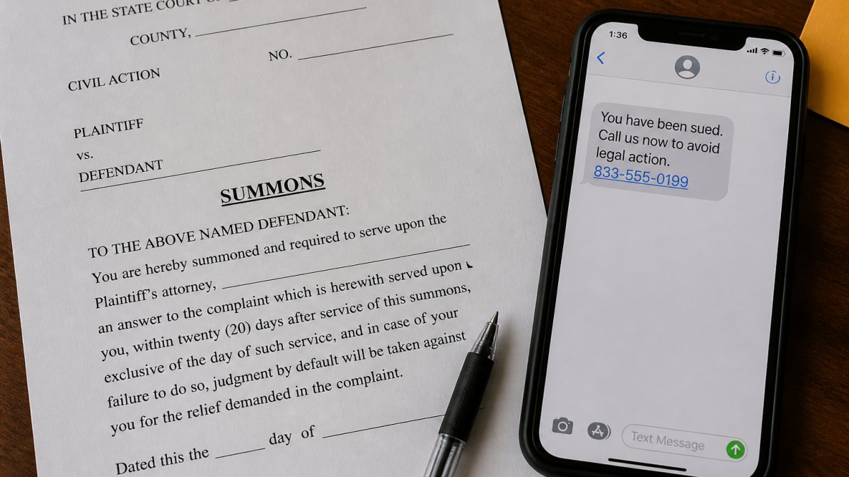 Infographic comparing a printed court document to a fake debt collection summons text message on a smartphone