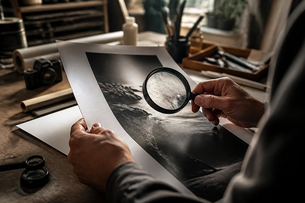 Hands using a magnifying glass to inspect the fine texture and ink detail of archival quality prints in a studio.