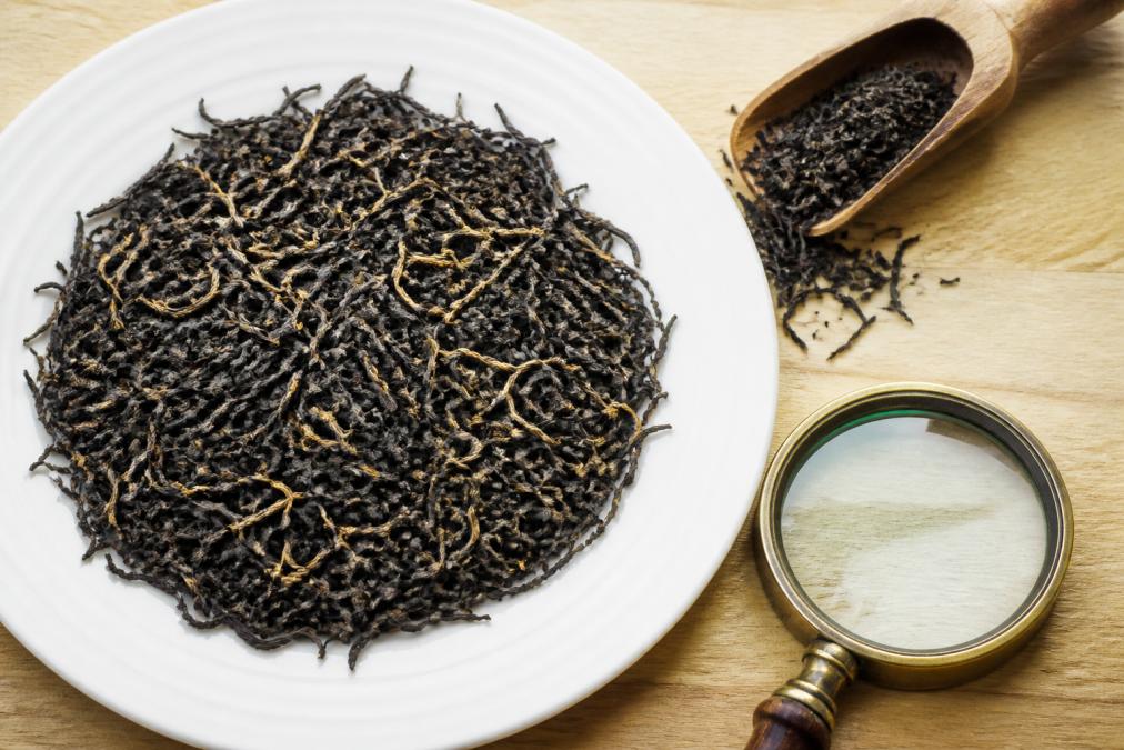 Close-up overhead shot of loose Ceylon tea leaves spread on a white ceramic plate, showing wiry dark strands and golden tips, with a small wooden scoop and magnifying glass beside it on a light timber table