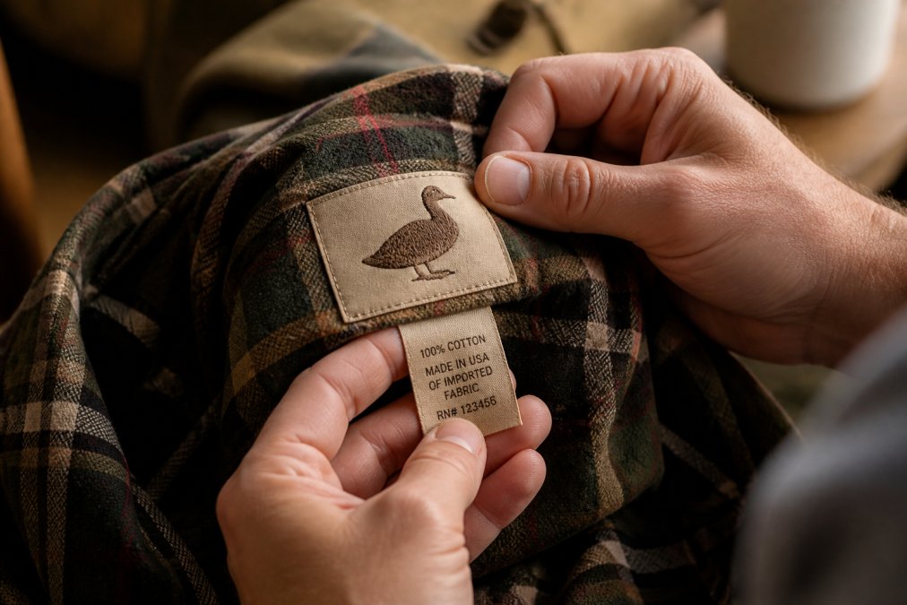 Hands carefully inspecting a garment label showing clear branding, embroidered logo details, and official manufacturing information tag under bright natural light
