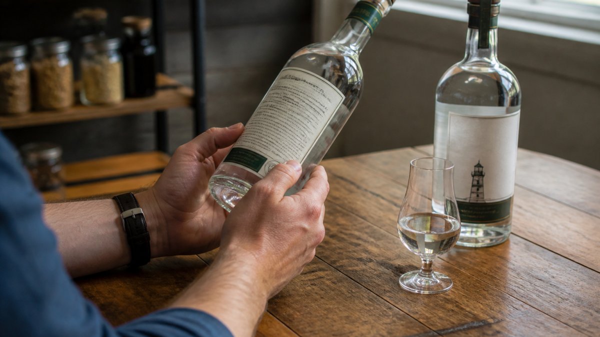 Close-up of a person's hands turning a craft spirits bottle to read the back label, with a second bottle and a tasting glass on a wooden counter in soft natural light