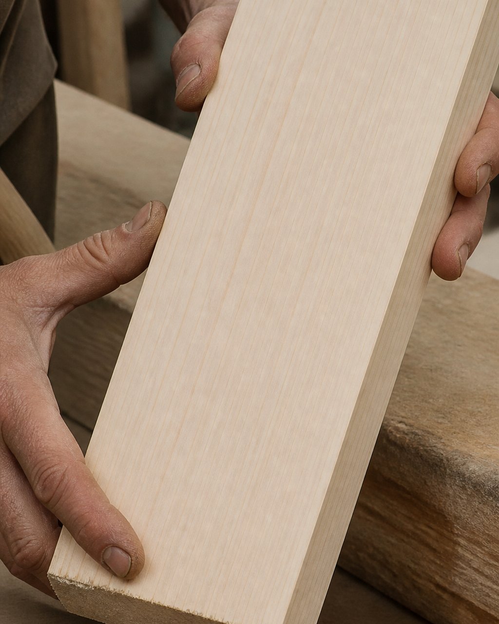 Close-up photograph of a craftsman's hands holding an English willow cleft, showing straight, evenly spaced grain lines running along the face of the timber under natural light