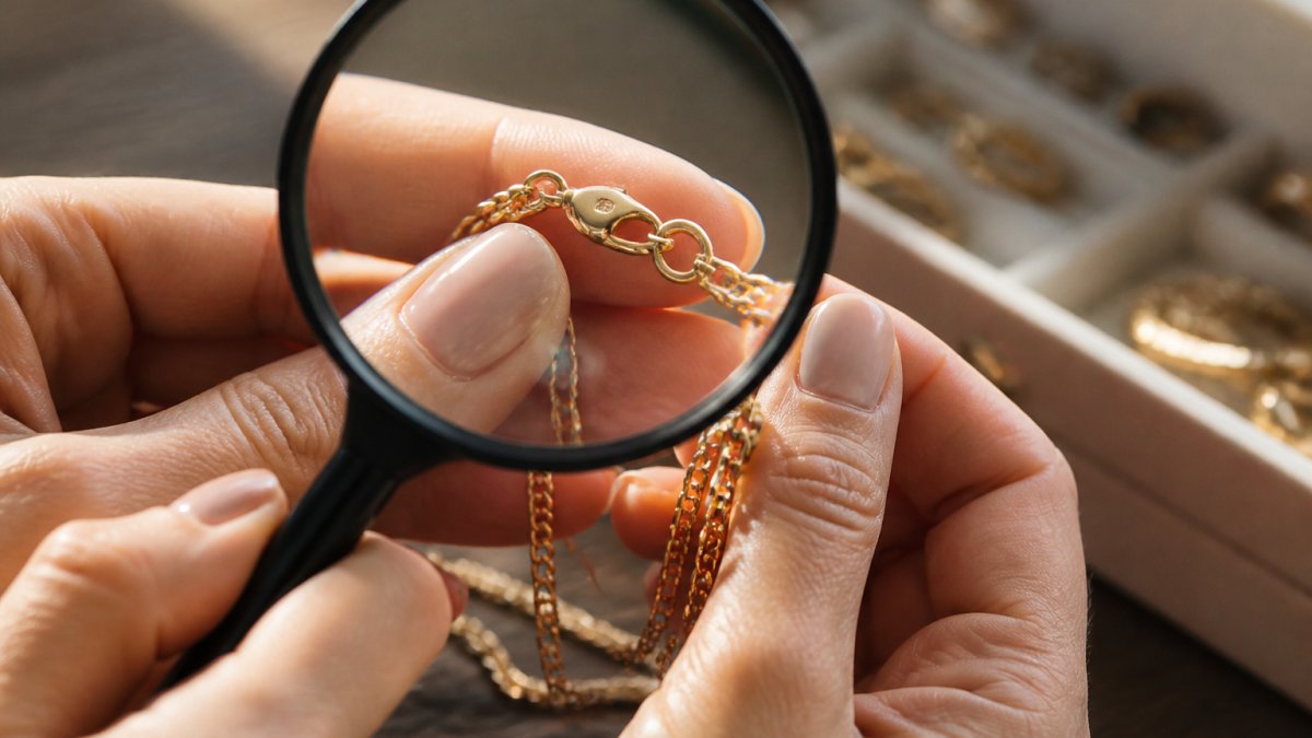 Close-up of hands holding a gold necklace under a magnifying glass, examining the clasp area for a hallmark stamp in warm natural light