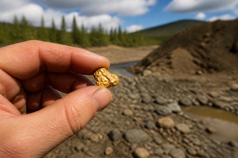A hand holds a small, irregularly shaped authentic gold nugget with a metallic luster against a gravel background.