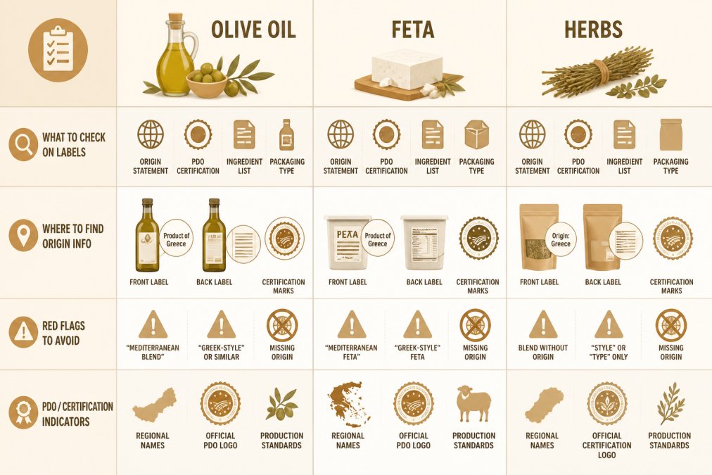 Comparison matrix showing verification steps for olive oil, feta, and herbs: what to check on labels (origin statement, PDO certification, ingredient list, packaging type), where to find origin info (front label, back label, certification marks), red flags to avoid (misleading terms like "Mediterranean blend," "Greek-style," missing origin), and PDO/certification indicators (regional names, official logos, production standards)