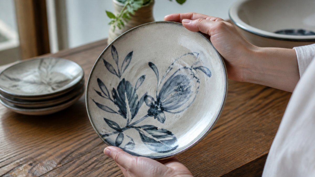Close-up of hands turning over a hand-painted ceramic plate on a wooden table, showing visible brushstrokes and slight variations in the painted pattern under natural window light