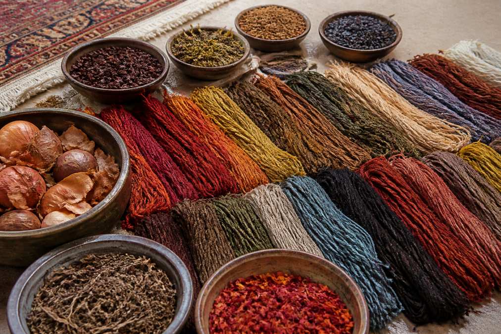 Flat lay of authentic Persian rug samples displaying rich, varied natural dye colors with subtle variations and depth, arranged on a neutral background with warm studio lighting