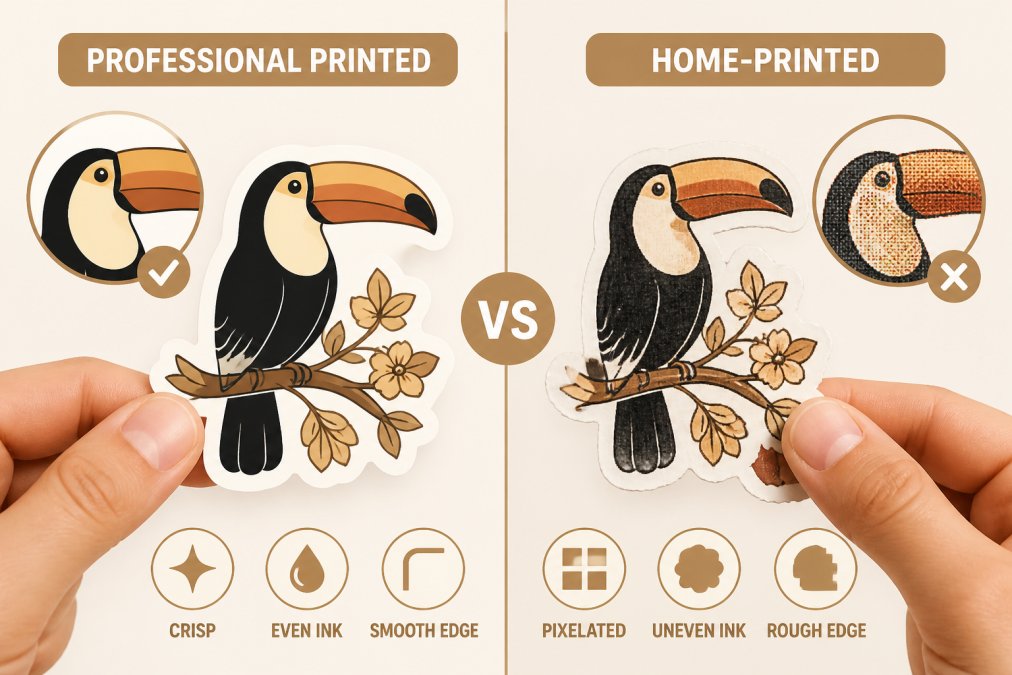 Side-by-side comparison scene showing hands holding two stickers, one with clean professional printing and crisp colors, the other with visible pixelation, uneven ink coverage, and rough edges under natural lighting