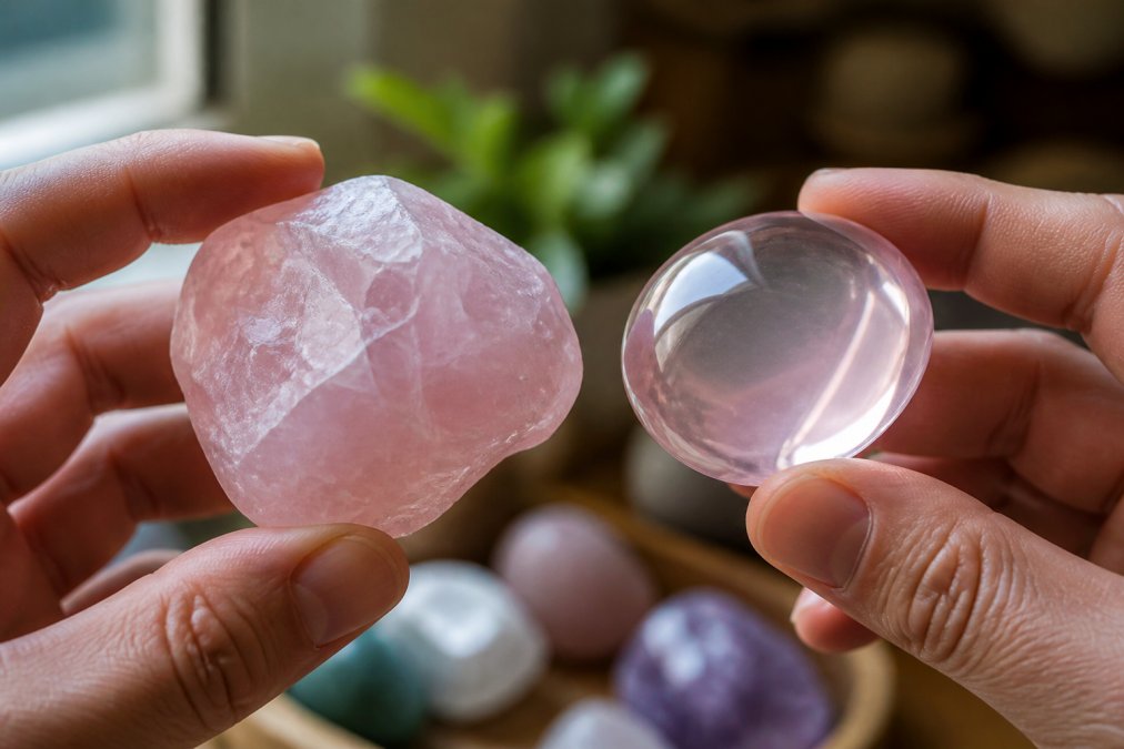 Close-up of hands holding a natural rose quartz crystal stone next to a glass imitation, showing the difference in clarity, light refraction, and surface texture under natural window lighting