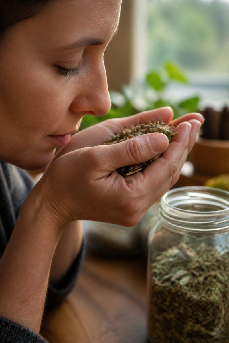 A person's hands holding a small amount of dried herbs up close to their nose, examining the color and texture in natural window light, with a glass jar of herbs blurred in the background