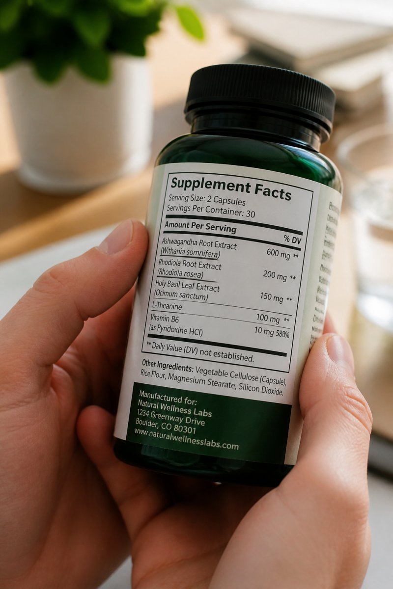 Close-up of a supplement bottle label being examined, showing the Supplement Facts panel with ingredient list, dosage amounts in milligrams, and manufacturer name clearly visible under natural lighting