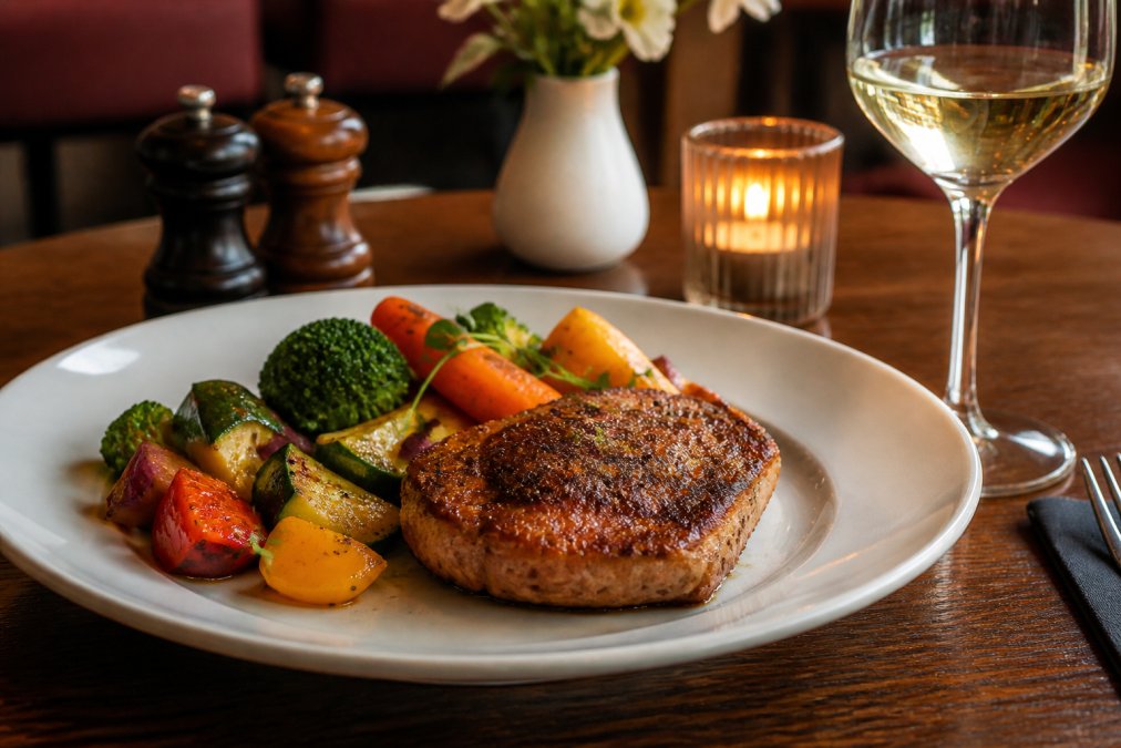 Close-up of a plate featuring fresh vegetables with natural colour variation and a protein with visible browning and texture variation, placed alongside a bistro table setting with wine glass and candlelight