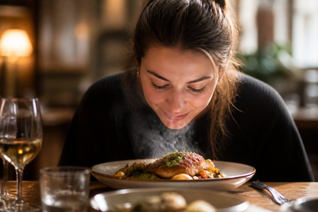 A diner leaning over a plate, inhaling the aroma of a freshly plated bistro dish in warm restaurant lighting, with steam visible rising from the food and natural engagement in the moment