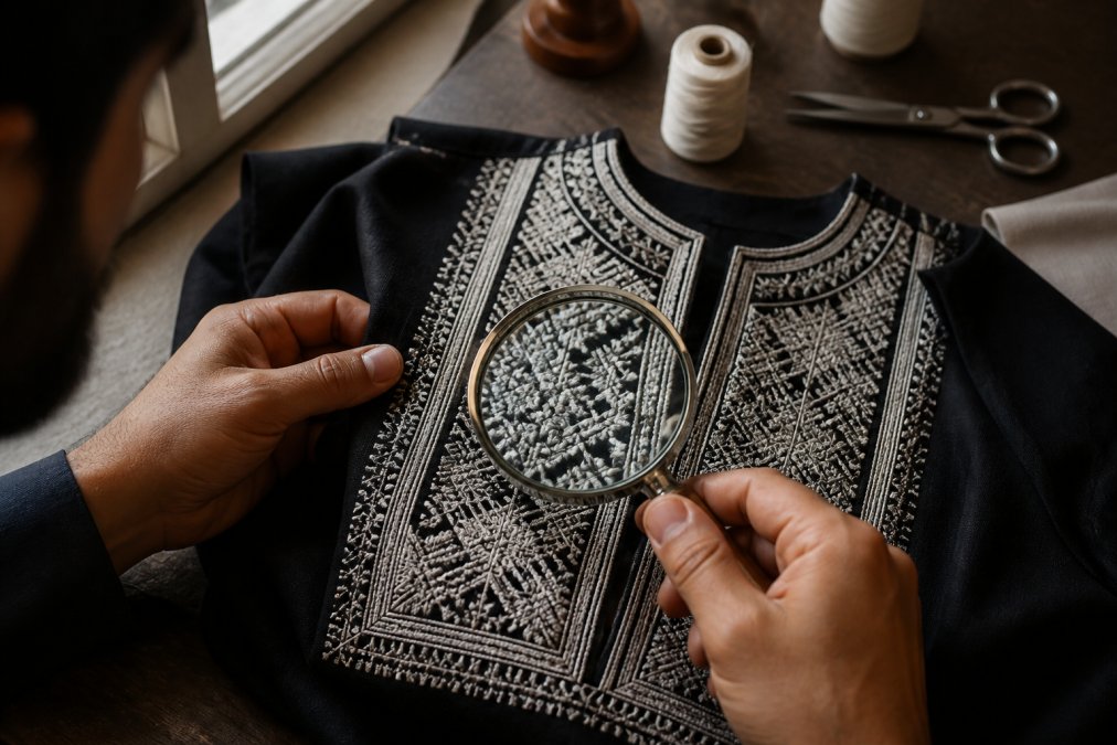 Hands using a magnifying glass to inspect intricate white geometric embroidery on dark fabric