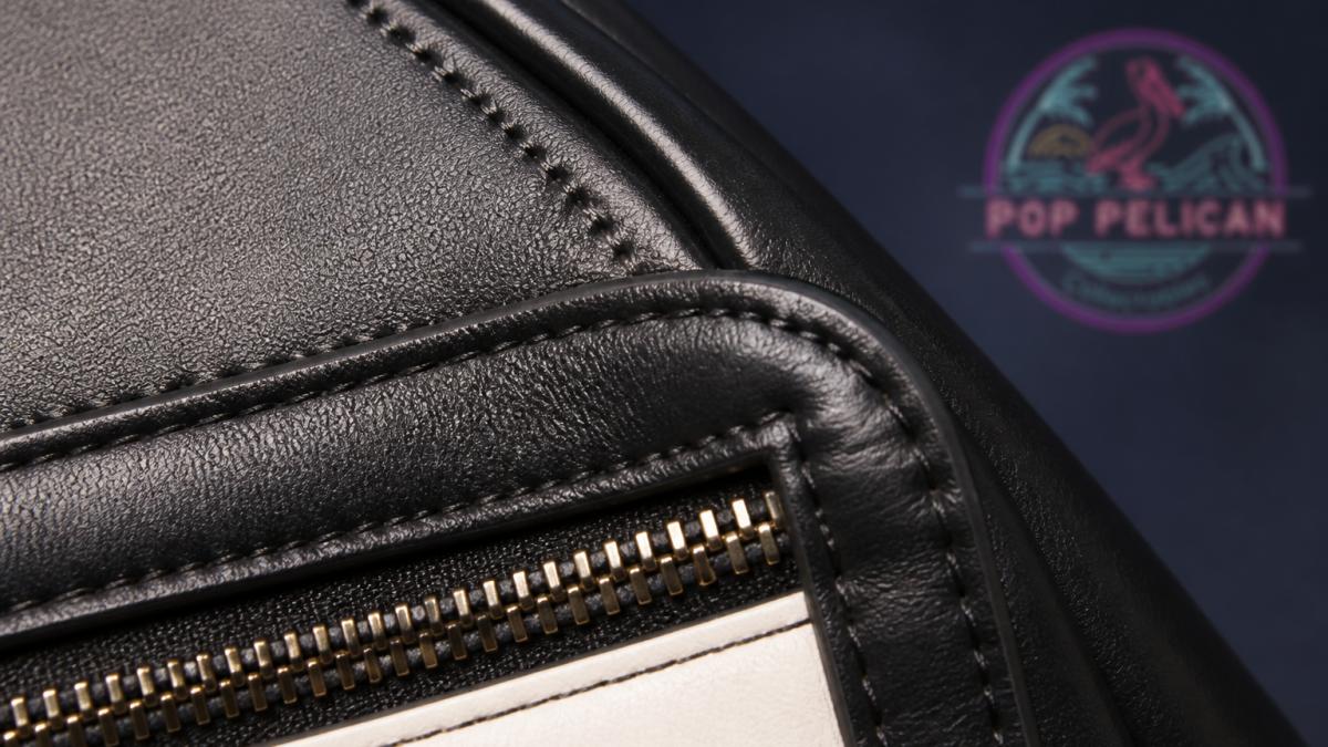 Close-up of authentic Loungefly bag stitching showing even, consistent seams with proper thread tension and clean edges under natural lighting