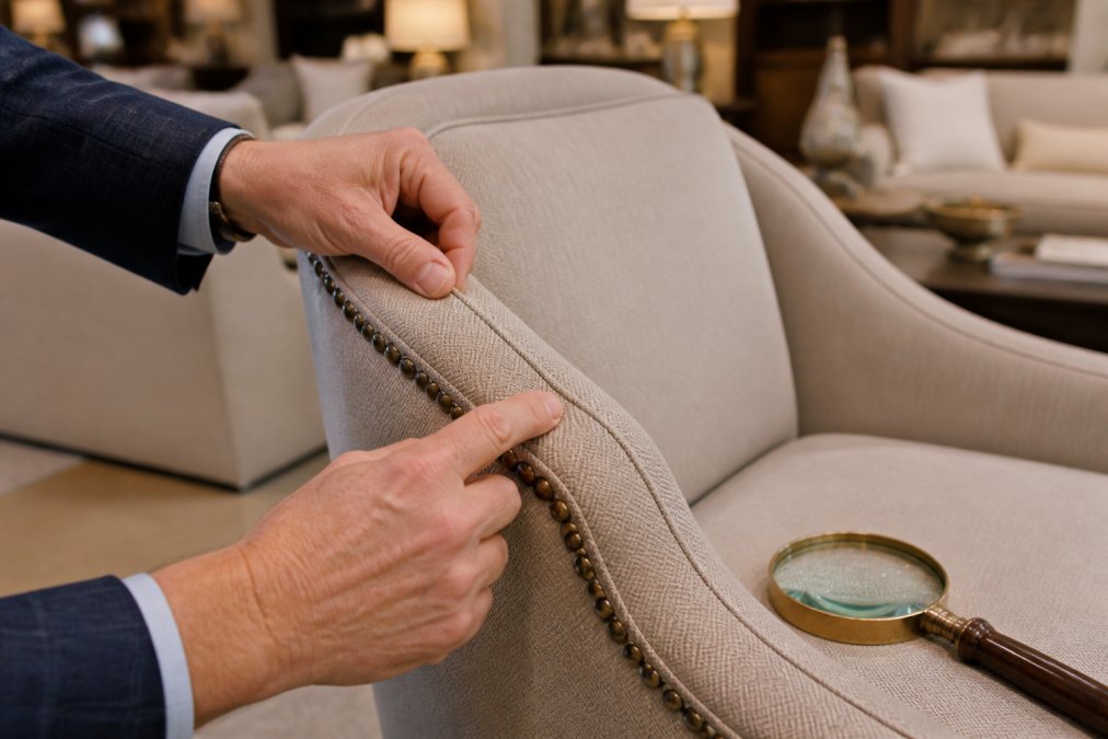 Close-up of hands examining the joinery and stitching on a luxury upholstered chair in a well-lit showroom, with a magnifying glass resting nearby