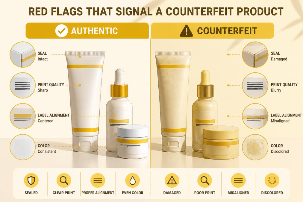 Comparison scene showing authentic and counterfeit skincare products side by side on a clean surface, highlighting packaging differences, label misalignment, and discoloration in natural light