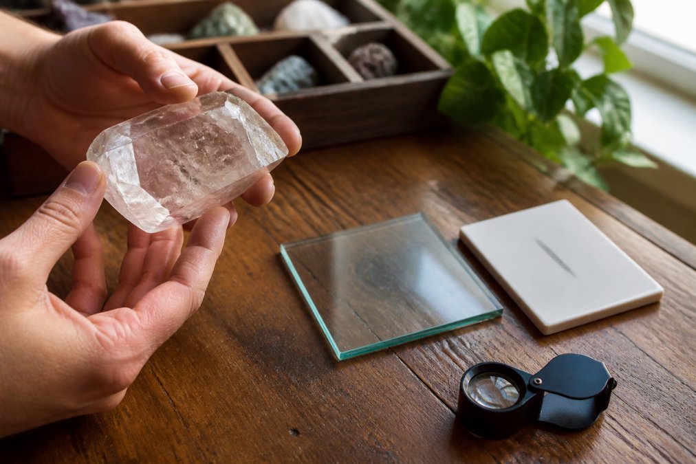 Close-up of hands holding a clear quartz specimen next to a glass plate, streak plate, and magnifying loupe on a wooden table, with natural window light