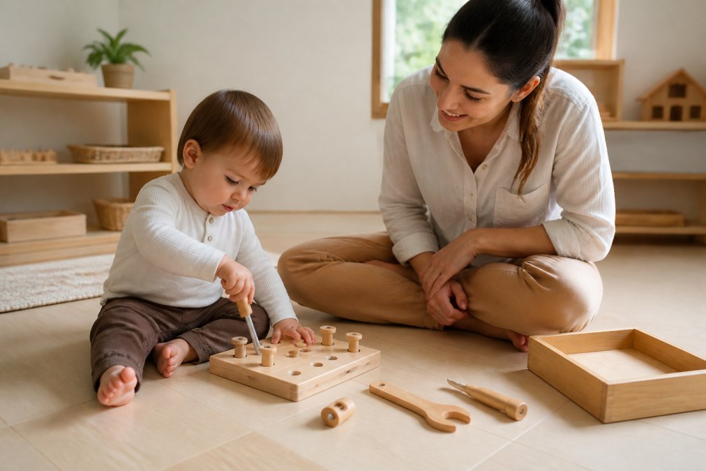 A parent and toddler sitting on a light wood floor, the child turning a wooden screw with a child-sized screwdriver on a beech wood tool board while the parent watches, warm natural light from a window, calm neutral playroom in the background