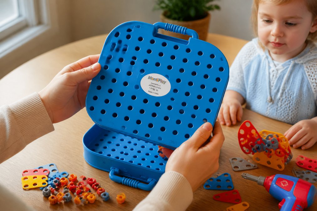 Parent's hands examining a wooden toy up close, checking labels and certification marks on the underside, with natural window lighting illuminating the toy's surface details