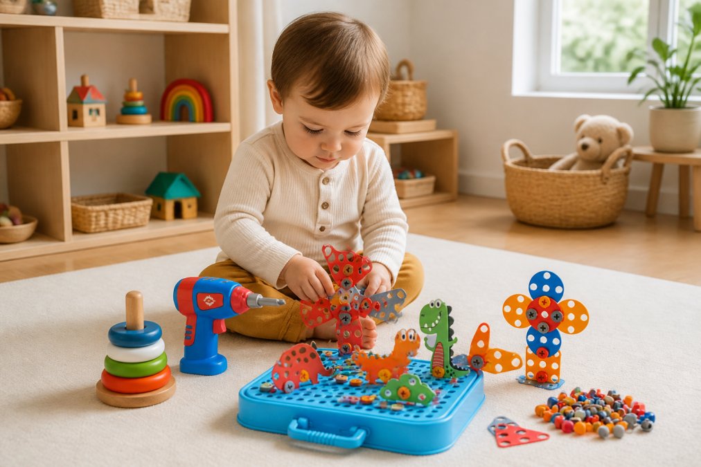 A toddler sitting on a light-colored play mat in a minimalist nursery, engaged with wooden stacking rings and sensory toys, demonstrating focused, independent play with natural afternoon lighting from a nearby window